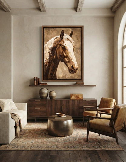 Warm Sepia Wild Horse Portrait Canvas Print - Blonde Mane & White Blaze Horse Painting