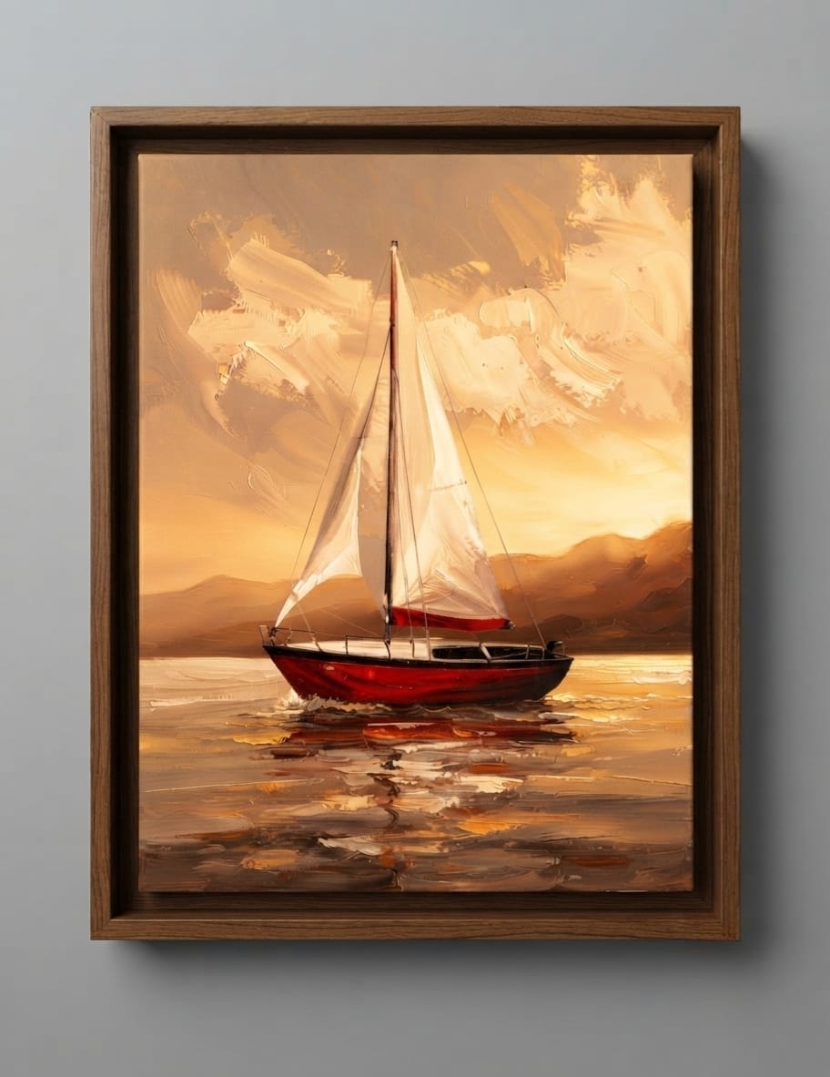 Golden Sunset Sailboat Canvas Print - Red Hull Yacht & Warm Seascape Painting Wall Art