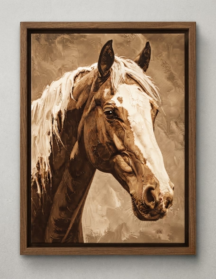 Warm Sepia Wild Horse Portrait Canvas Print - Blonde Mane & White Blaze Horse Painting