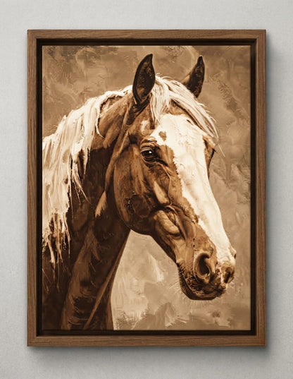 Warm Sepia Wild Horse Portrait Canvas Print - Blonde Mane & White Blaze Horse Painting