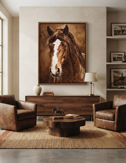 Front-Facing Brown Horse Portrait Canvas Print - White Blaze & Warm Sepia Wall Art
