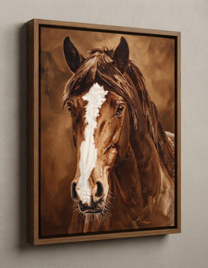 Front-Facing Brown Horse Portrait Canvas Print - White Blaze & Warm Sepia Wall Art
