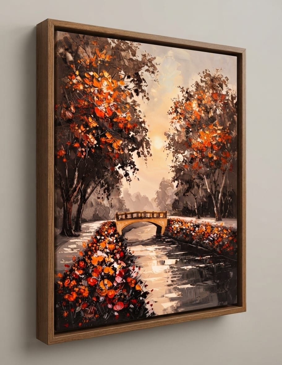 Autumn Park Bridge Canvas Print - Warm Sunset & Orange Leaves Landscape Oil Painting