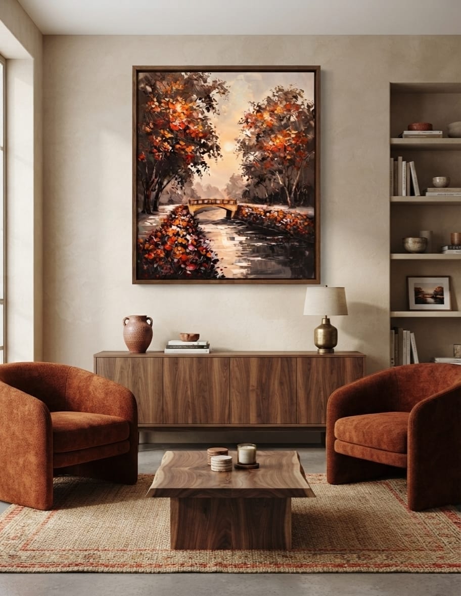 Autumn Park Bridge Canvas Print - Warm Sunset & Orange Leaves Landscape Oil Painting