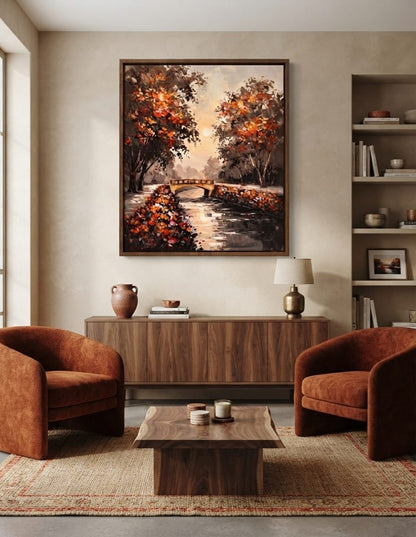 Autumn Park Bridge Canvas Print - Warm Sunset & Orange Leaves Landscape Oil Painting