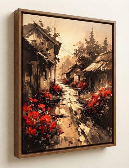 Rustic Village Street Canvas Print - Sepia Rural Cottage Landscape with Red Poppy Flowers Wall Art