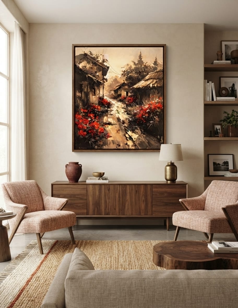 Rustic Village Street Canvas Print - Sepia Rural Cottage Landscape with Red Poppy Flowers Wall Art