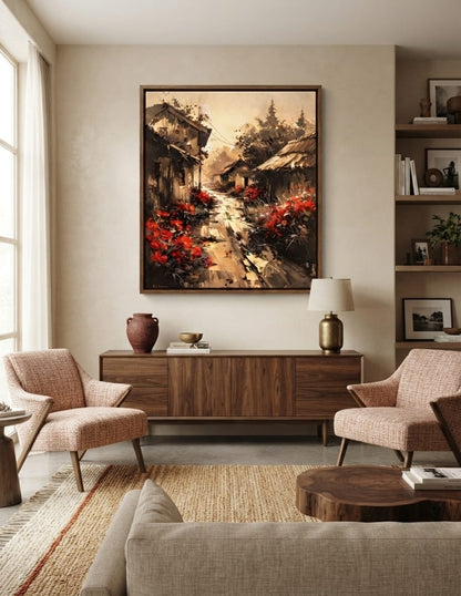 Rustic Village Street Canvas Print - Sepia Rural Cottage Landscape with Red Poppy Flowers Wall Art