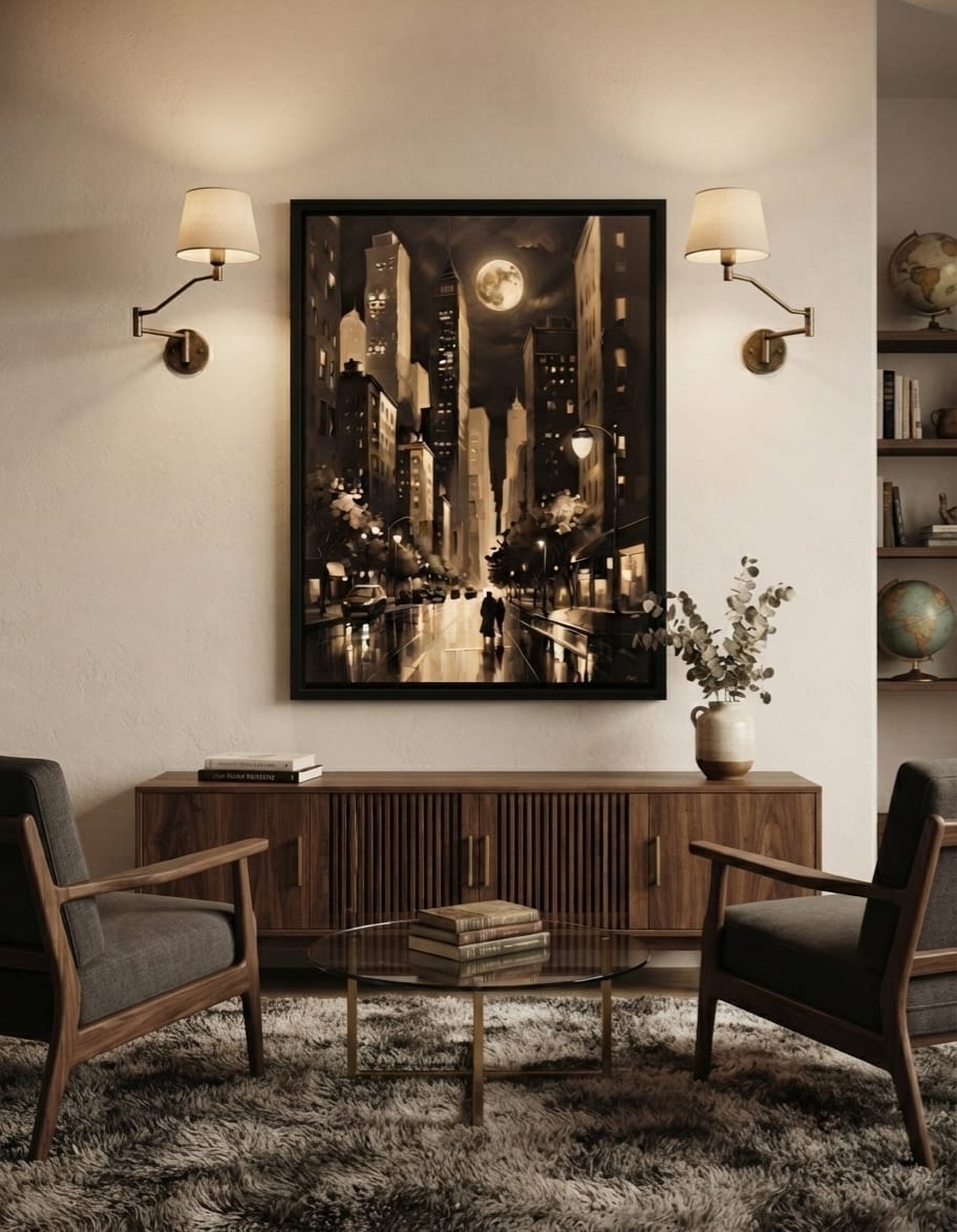 Vintage Sepia Full Moon Cityscape Canvas Print - Noir Night Skyline Wall Art
