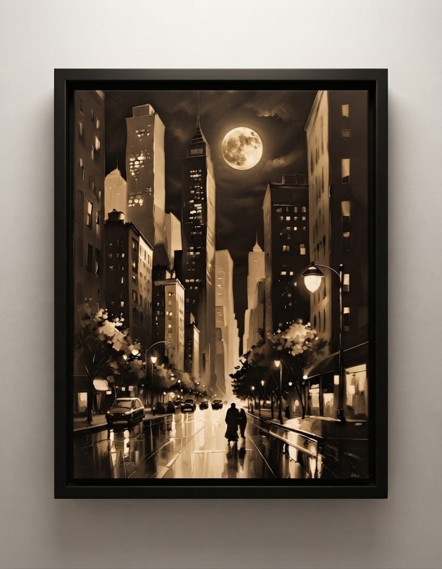 Vintage Sepia Full Moon Cityscape Canvas Print - Noir Night Skyline Wall Art