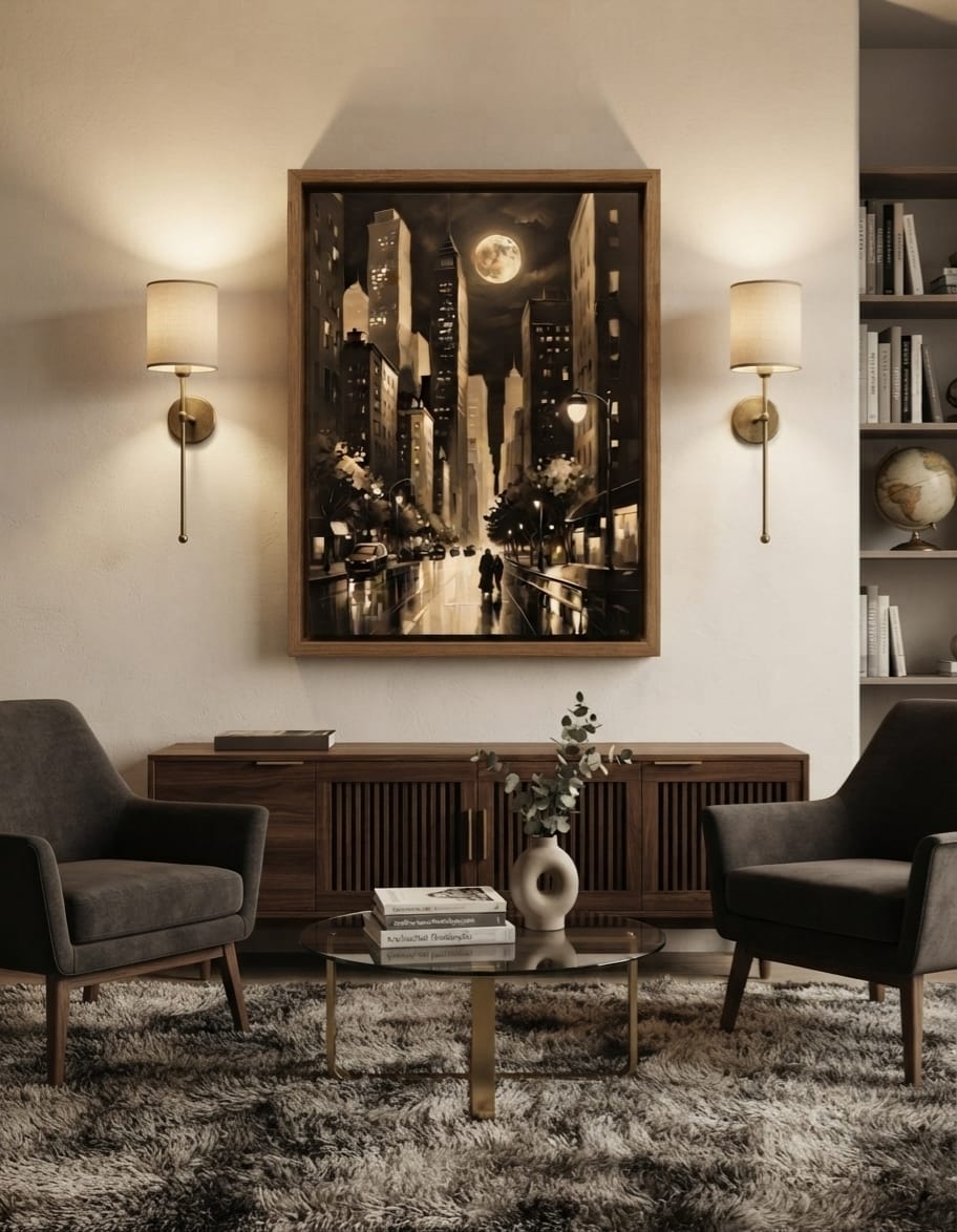 Vintage Sepia Full Moon Cityscape Canvas Print - Noir Night Skyline Wall Art
