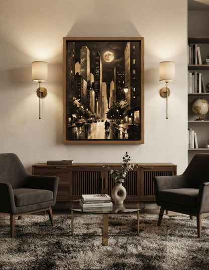 Vintage Sepia Full Moon Cityscape Canvas Print - Noir Night Skyline Wall Art