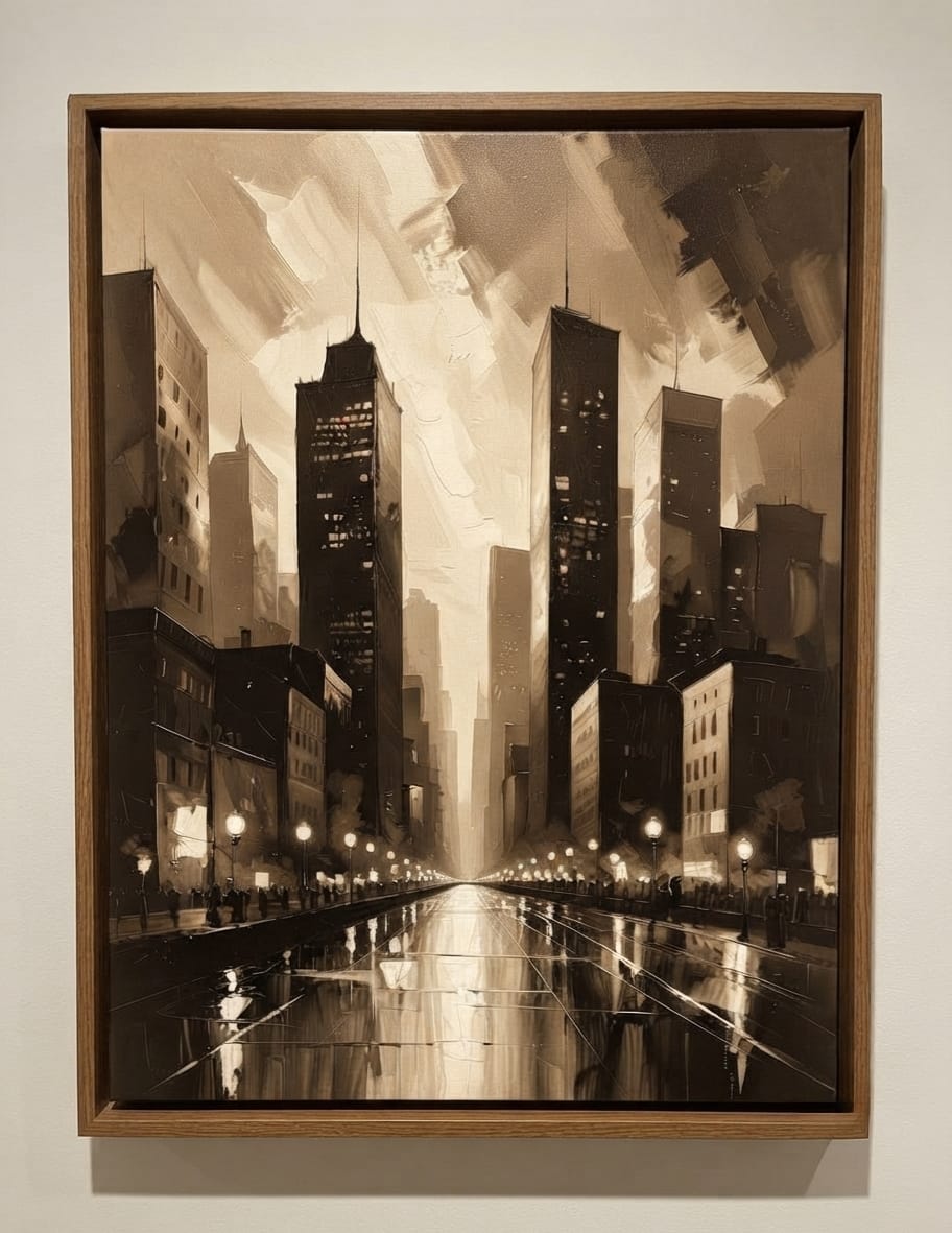 Vintage Sepia Cityscape Canvas Print - Metropolitan Skyline & Wet Street Reflection Wall Art