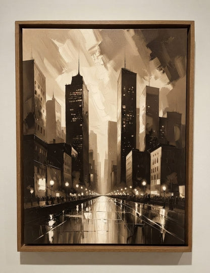 Vintage Sepia Cityscape Canvas Print - Metropolitan Skyline & Wet Street Reflection Wall Art