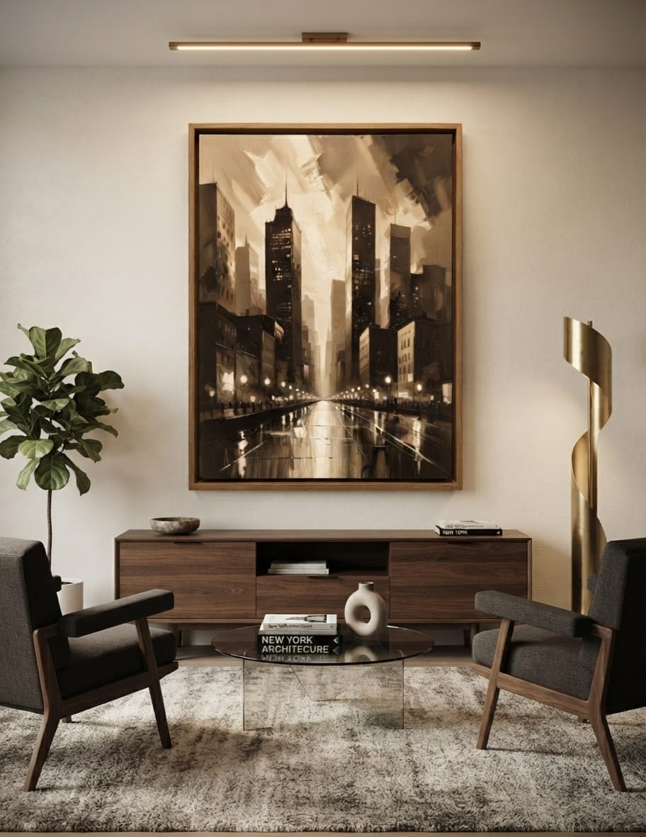 Vintage Sepia Cityscape Canvas Print - Metropolitan Skyline & Wet Street Reflection Wall Art