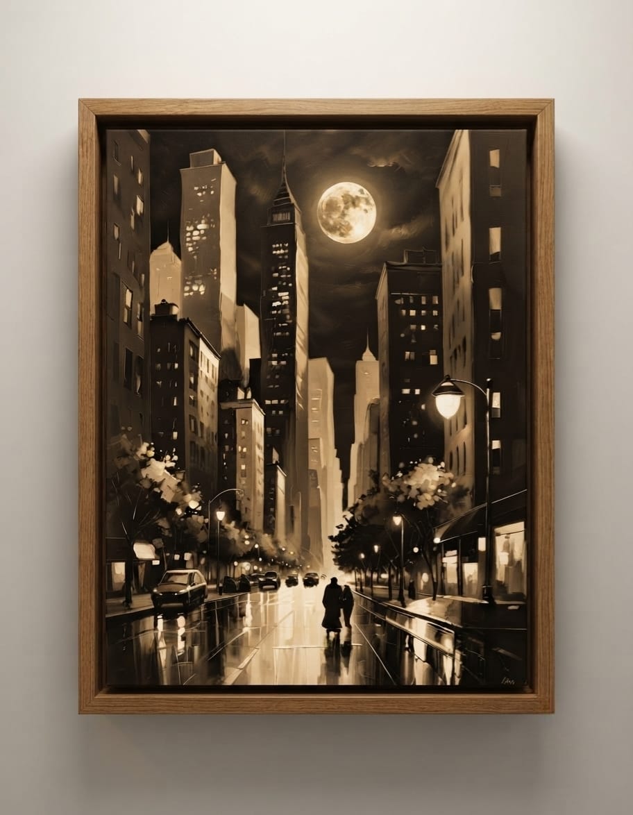 Vintage Sepia Full Moon Cityscape Canvas Print - Noir Night Skyline Wall Art