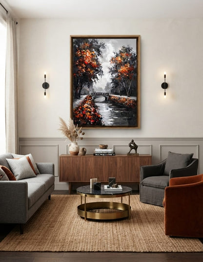 Black and White Autumn Park Bridge Canvas Print - Fiery Orange Leaves Landscape Painting