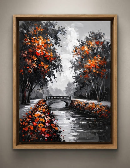 Black and White Autumn Park Bridge Canvas Print - Fiery Orange Leaves Landscape Painting