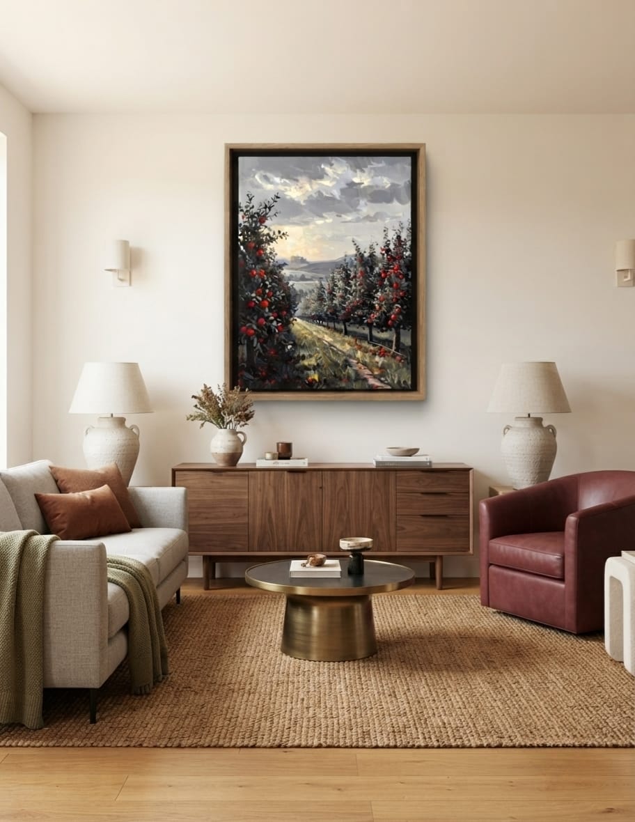 Sunlit Apple Orchard Canvas Print - Crimson Red Apples Country Landscape Painting