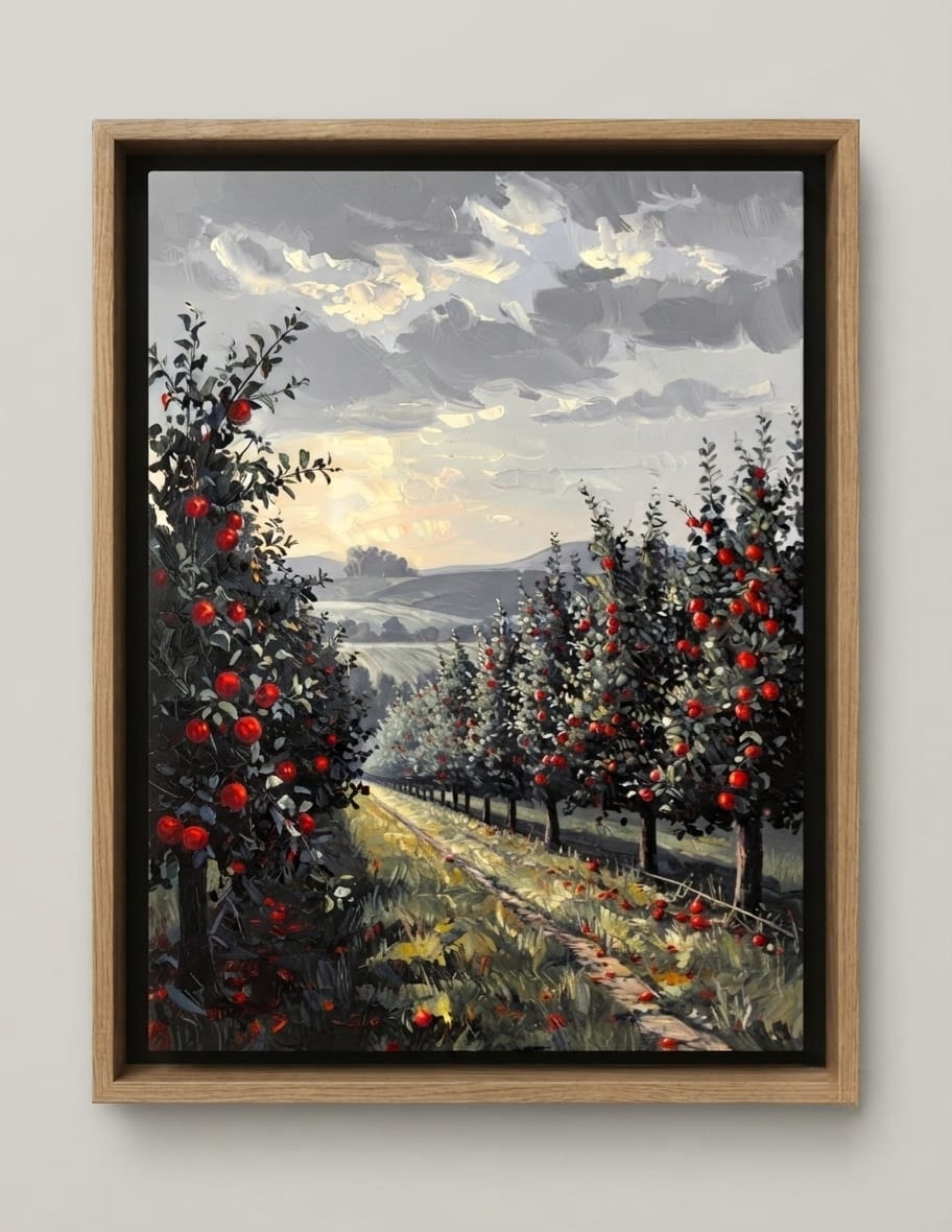 Sunlit Apple Orchard Canvas Print - Crimson Red Apples Country Landscape Painting