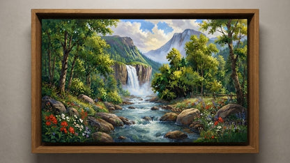 Alpine Waterfall and Mountain River Canvas Print - Lush Forest Landscape Wall Art
