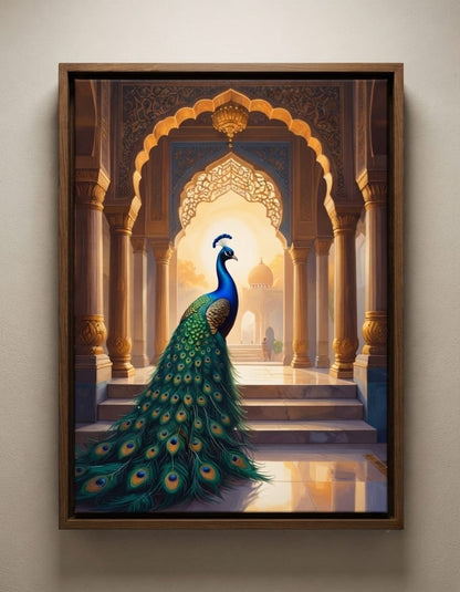 Golden Sunset Peacock in Royal Palace Canvas Print - Indian Archway Wall Art