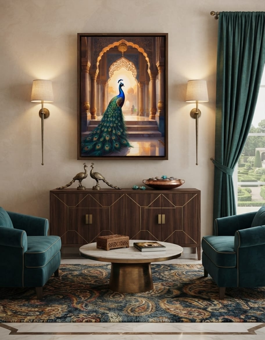 Golden Sunset Peacock in Royal Palace Canvas Print - Indian Archway Wall Art