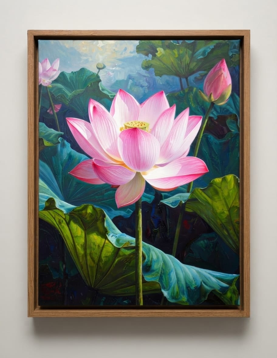 Sunlit Pink Lotus Pond Canvas Print - Serene Botanical Water Lily Wall Art