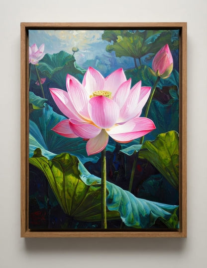 Sunlit Pink Lotus Pond Canvas Print - Serene Botanical Water Lily Wall Art