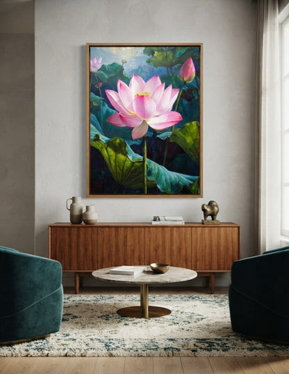 Sunlit Pink Lotus Pond Canvas Print - Serene Botanical Water Lily Wall Art