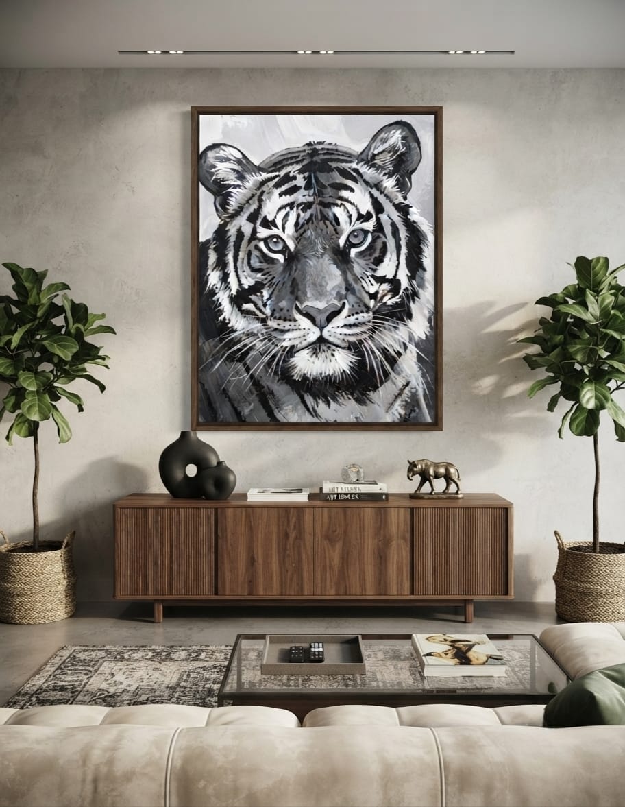 Majestic Black and White Tiger Portrait Canvas Print - Monochromatic Wildlife Wall Art
