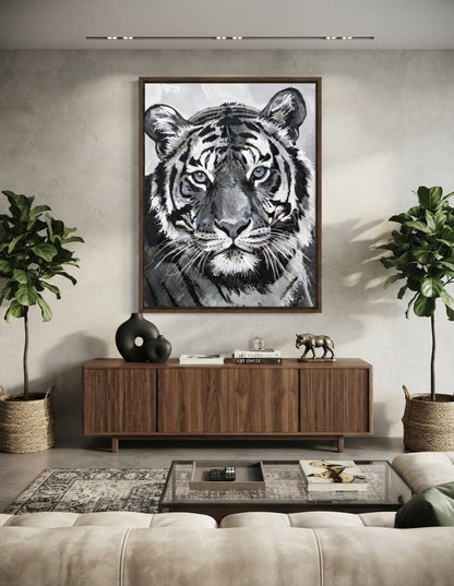 Majestic Black and White Tiger Portrait Canvas Print - Monochromatic Wildlife Wall Art