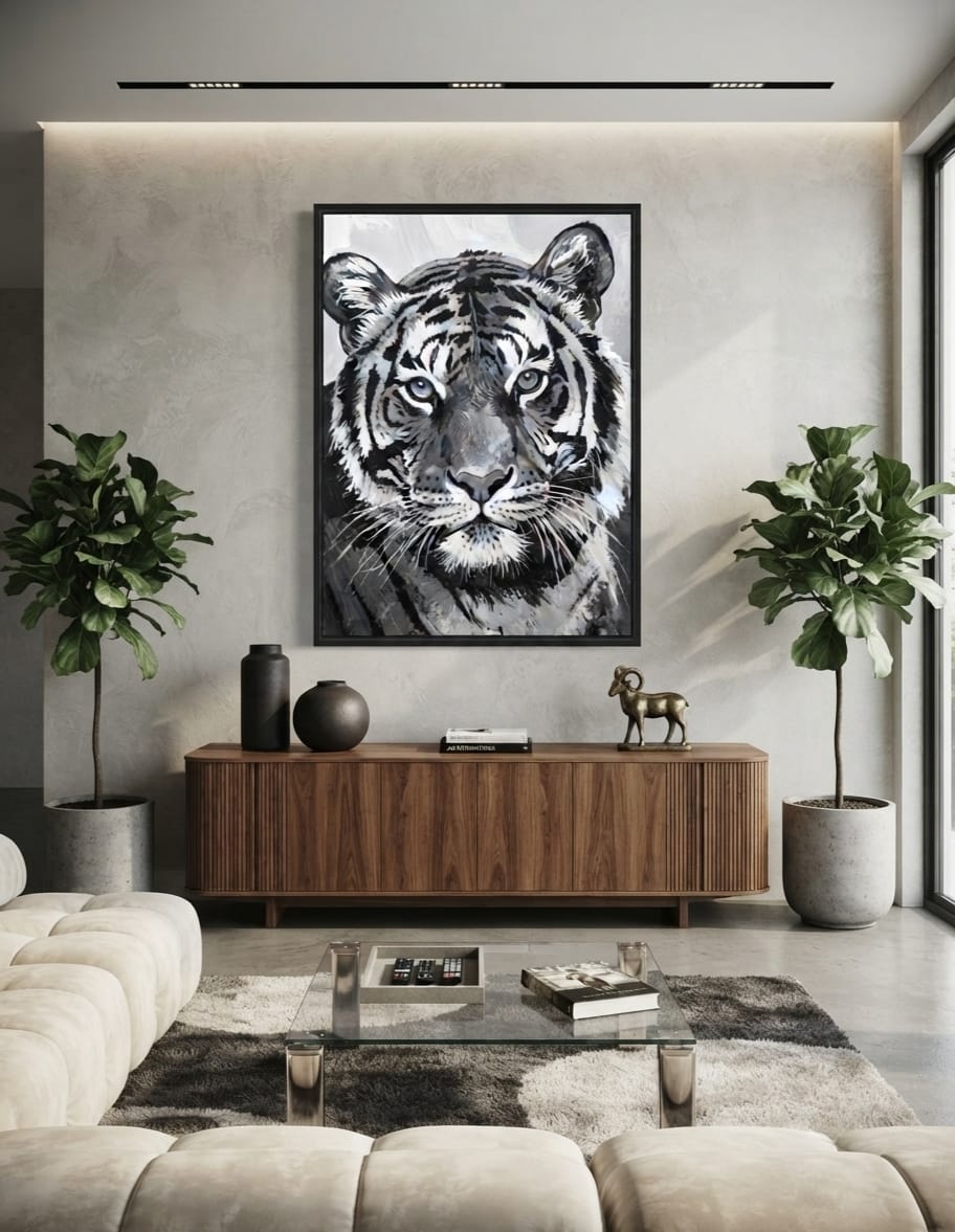 Majestic Black and White Tiger Portrait Canvas Print - Monochromatic Wildlife Wall Art