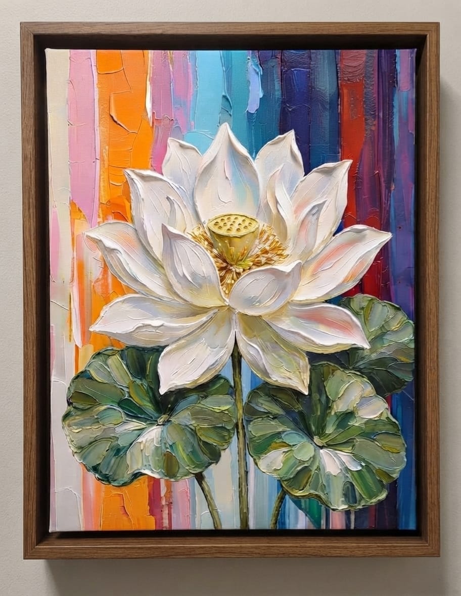 Blooming Sacred White Lotus Canvas Print - Heavy Impasto Textured Floral Wall Art
