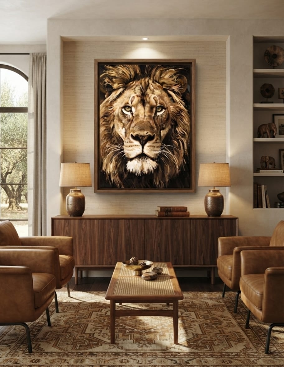 Regal Lion Head Close-Up Canvas Print - Textured Sepia Wildlife Portrait Wall Art