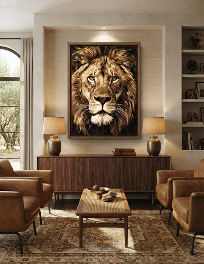 Regal Lion Head Close-Up Canvas Print - Textured Sepia Wildlife Portrait Wall Art
