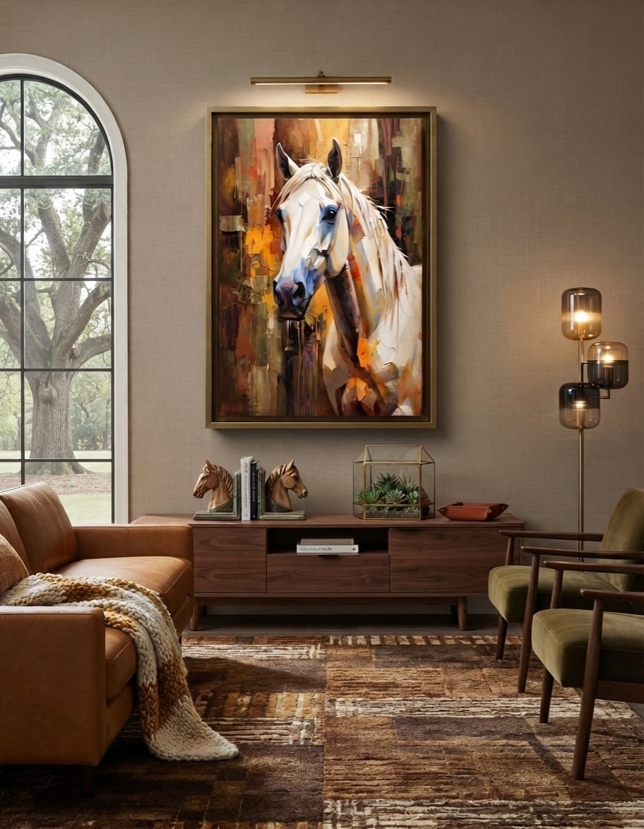 Majestic White Horse Portrait Canvas Print - Textured Impasto Equestrian Wall Art