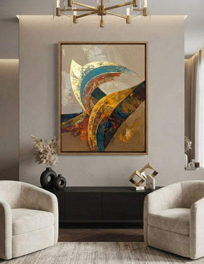 Abstract Golden Curves Canvas Print - Modern Teal and Terracotta Wall Art