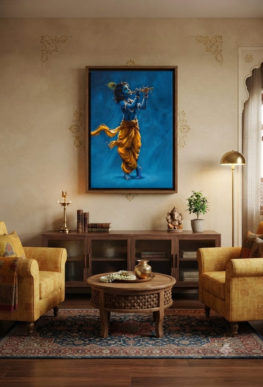 Lord Krishna Playing Flute Canvas Print - Divine Blue Deity Wall Art