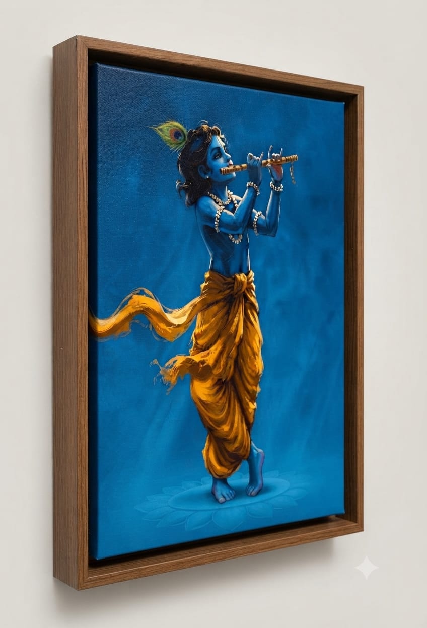 Lord Krishna Playing Flute Canvas Print - Divine Blue Deity Wall Art