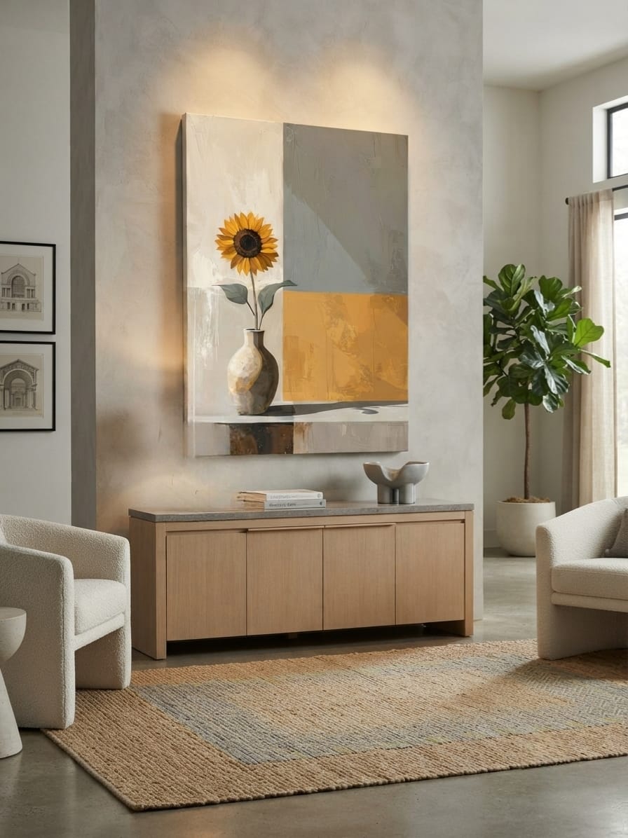 Modern Sunflower in Ceramic Vase Canvas Print - Color-Blocked Abstract Still Life Wall Art