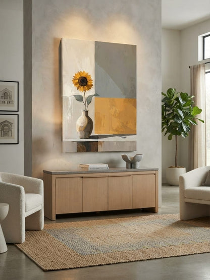 Modern Sunflower in Ceramic Vase Canvas Print - Color-Blocked Abstract Still Life Wall Art