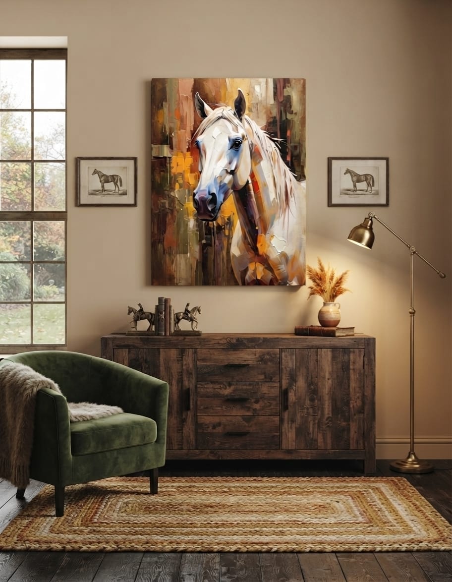 Majestic White Horse Portrait Canvas Print - Textured Impasto Equestrian Wall Art