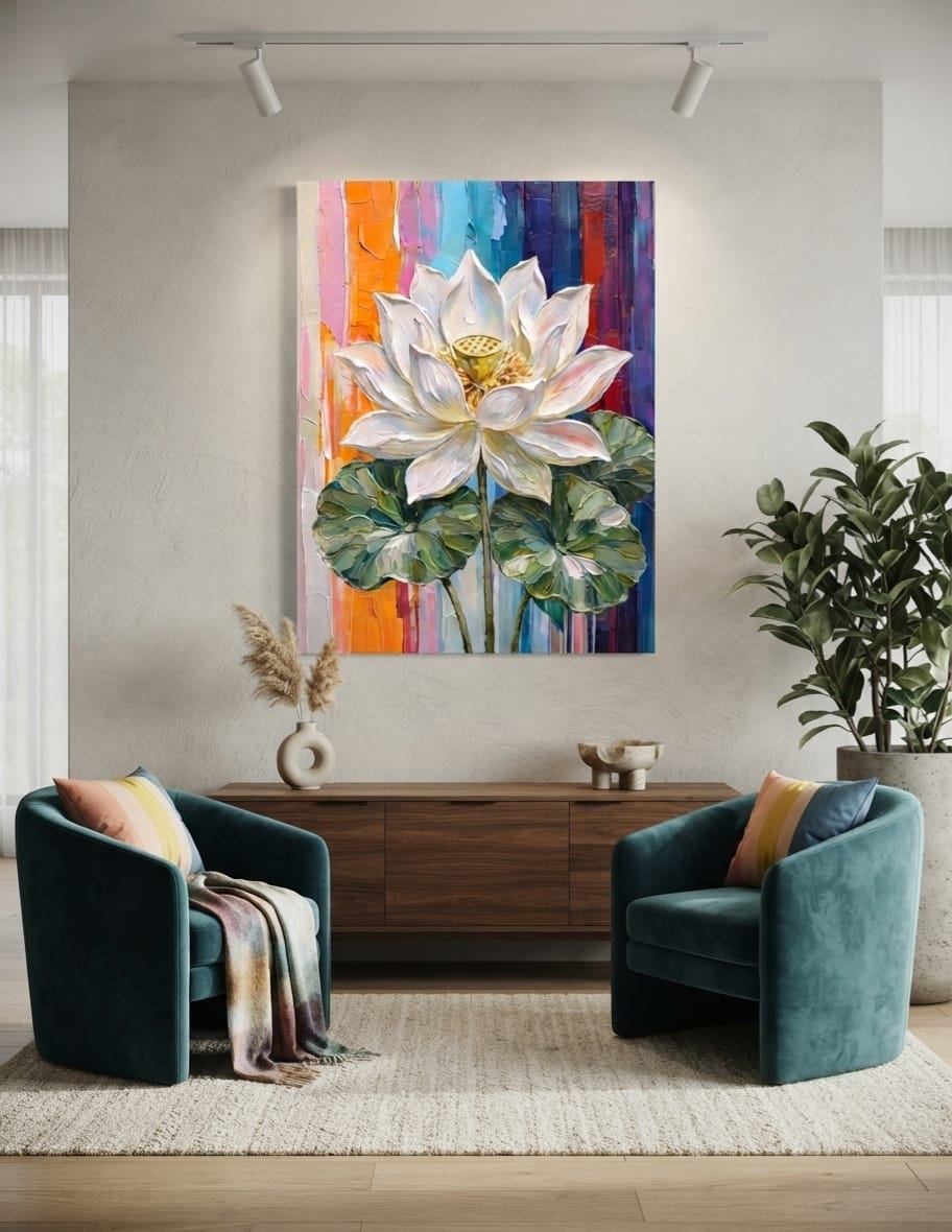 Blooming Sacred White Lotus Canvas Print - Heavy Impasto Textured Floral Wall Art