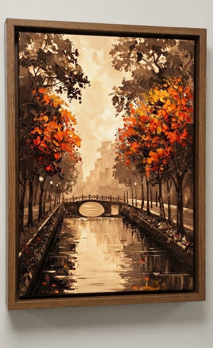 Autumn Park Canal Bridge Canvas Print - Sepia Golden Sunset & Orange Leaves Landscape Painting