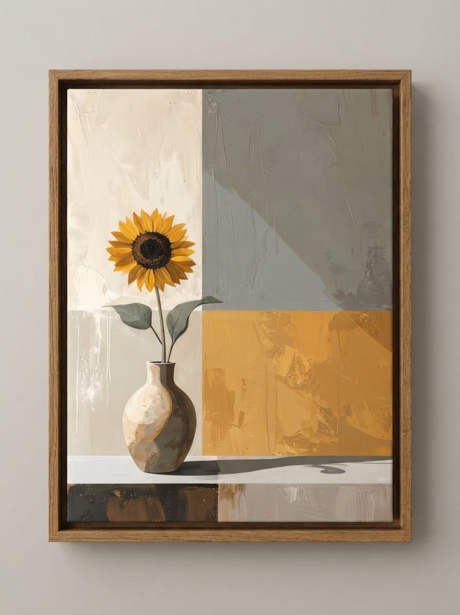 Modern Sunflower in Ceramic Vase Canvas Print - Color-Blocked Abstract Still Life Wall Art