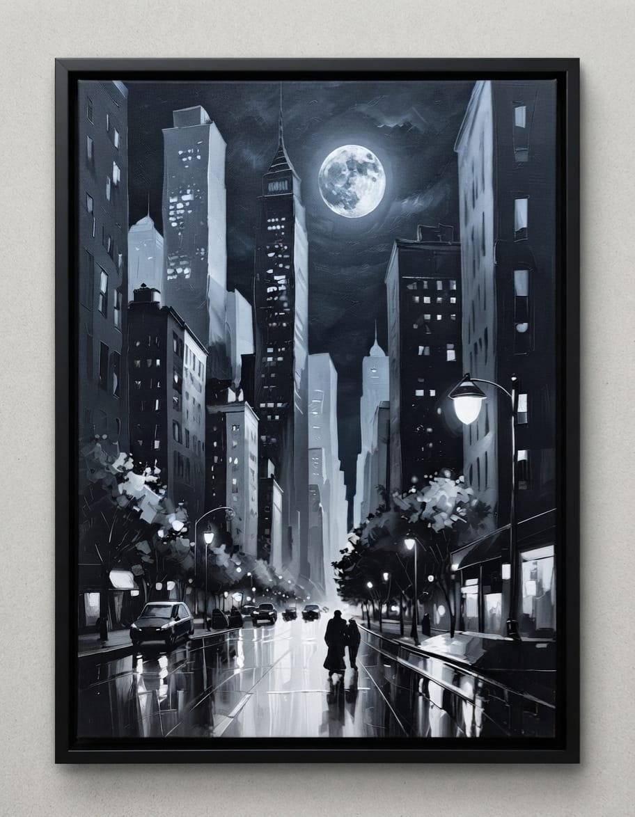 Full Moon Cityscape Canvas Print - Black & White City Night Skyline Wall Art