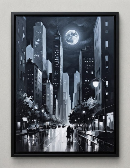 Full Moon Cityscape Canvas Print - Black & White City Night Skyline Wall Art