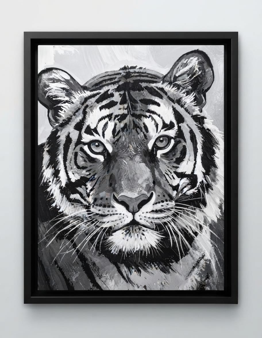 Majestic Black and White Tiger Portrait Canvas Print - Monochromatic Wildlife Wall Art