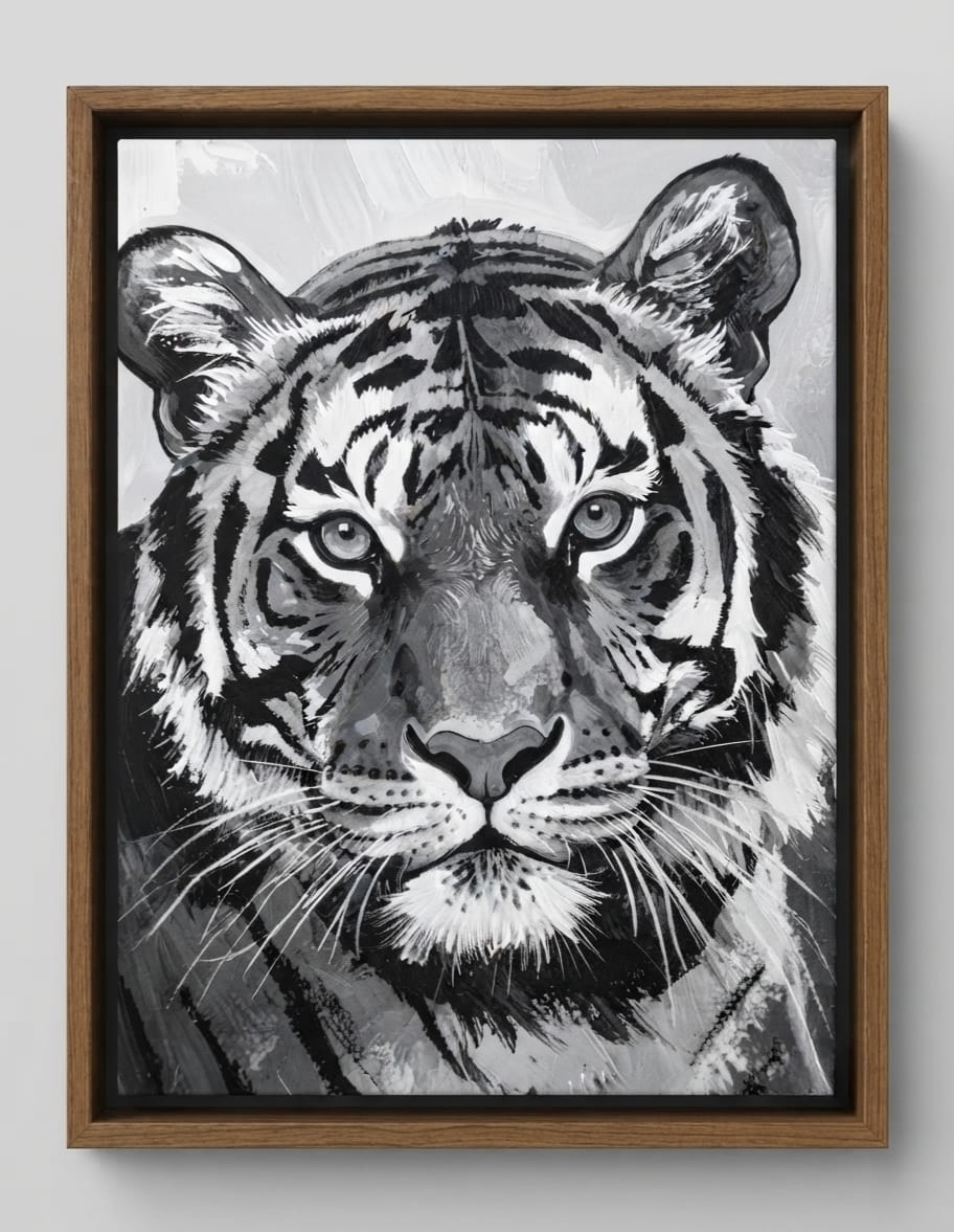 Majestic Black and White Tiger Portrait Canvas Print - Monochromatic Wildlife Wall Art